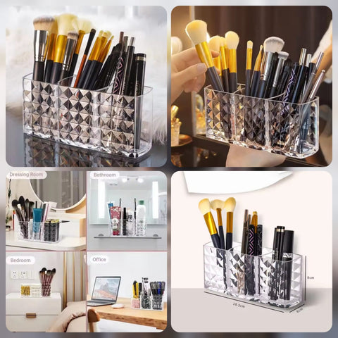3-Section Diamond Cut Acrylic Makeup Brush Holder product image - Nexusmart Pakistan