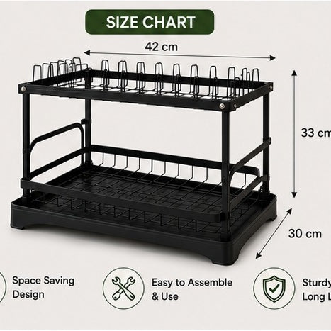 2-Tier Dish Drying Rack with Drain Tray – 42cm Kitchen Organizer