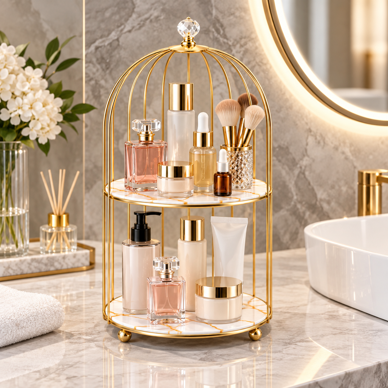2-Tier Golden Vanity Cage – Cosmetic & Perfume Organizer Stand