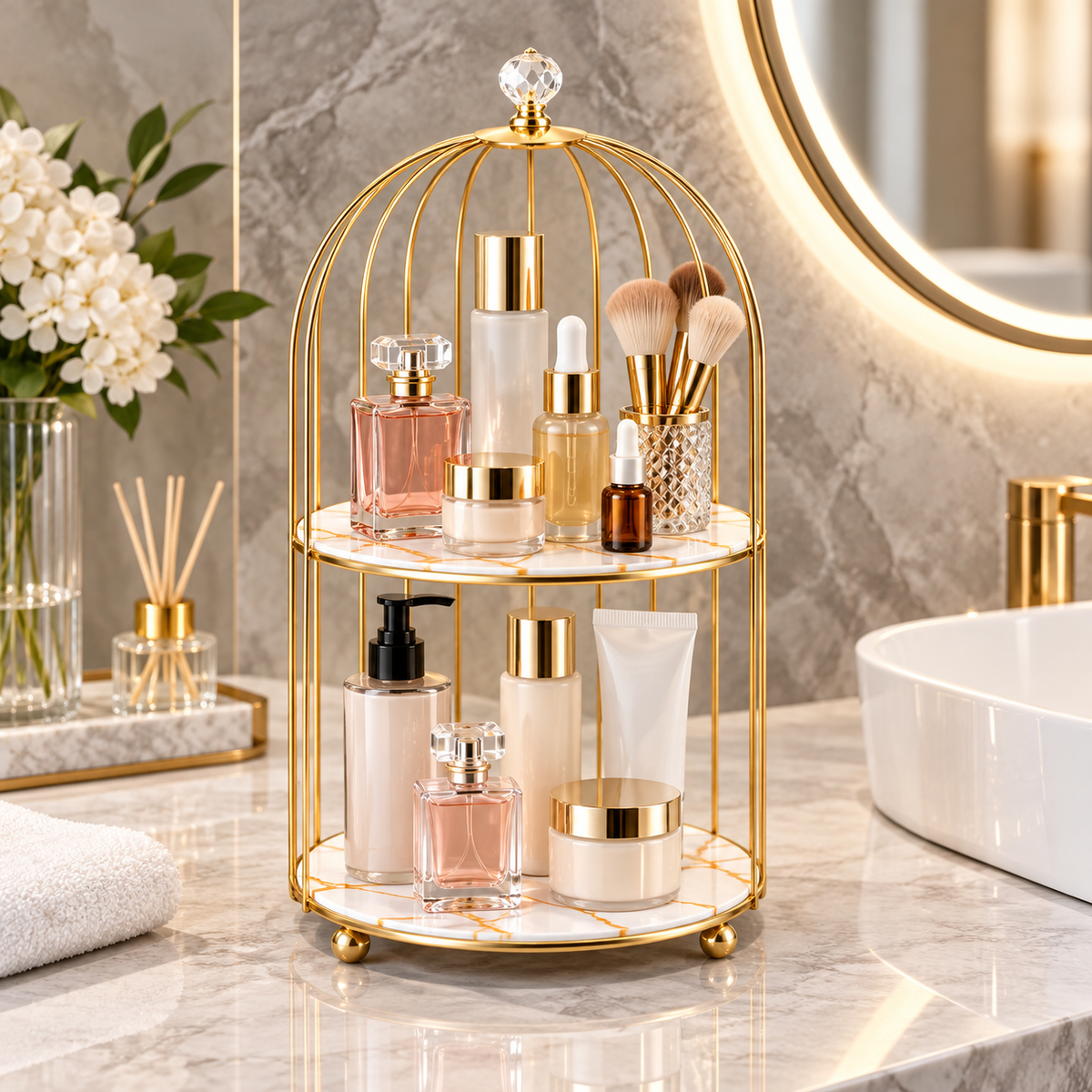 2-Tier Golden Vanity Cage – Cosmetic & Perfume Organizer Stand