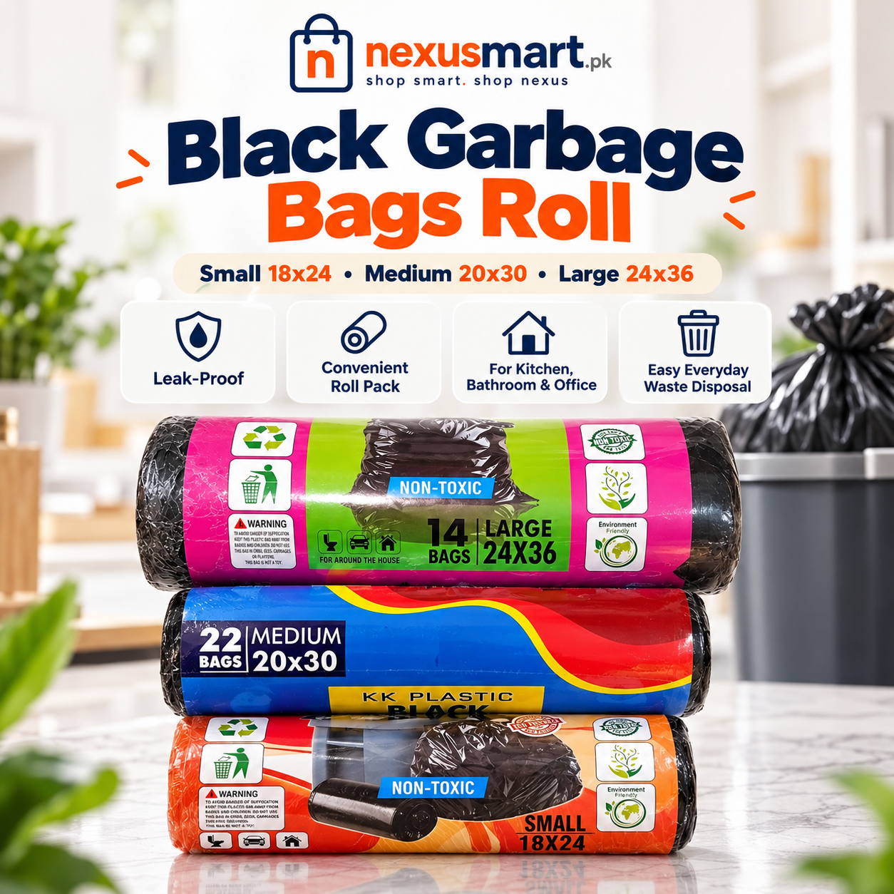 Black Garbage Bags Roll – Leak-Proof Disposable Trash Bags