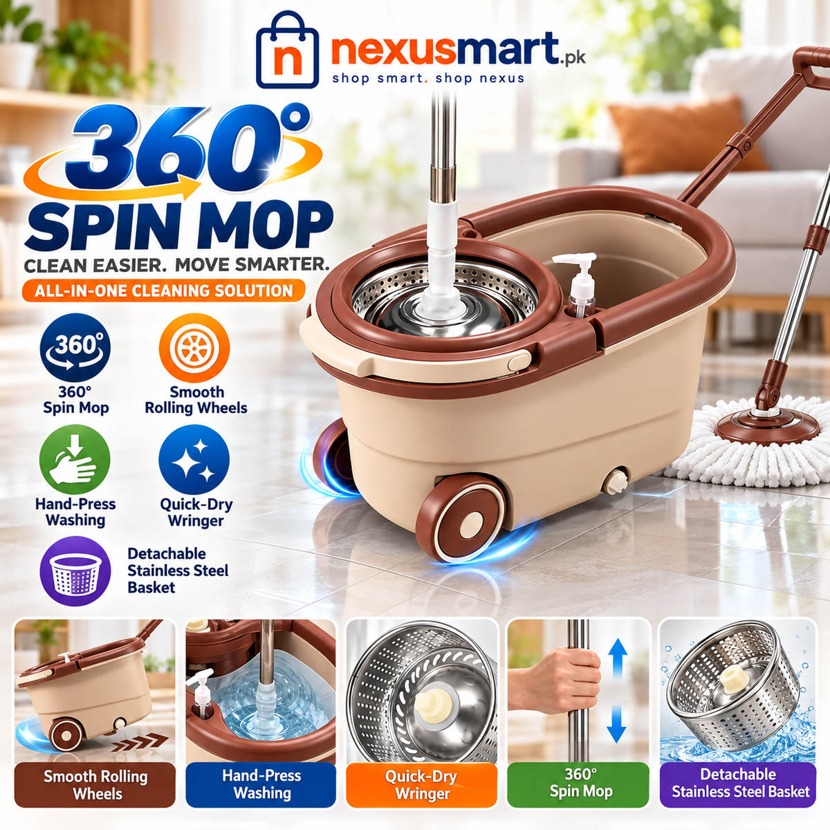 360° Spin Mop with Wheels – Floor Cleaning Mop System