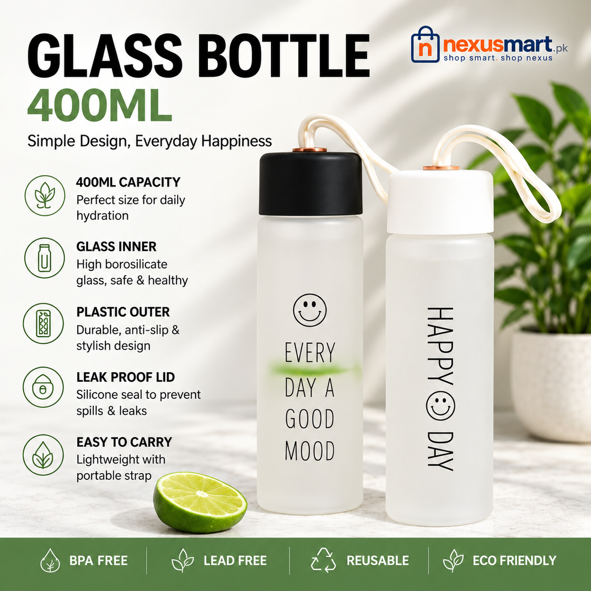 400ml Glass Water Bottle – Compact Reusable Drinking Bottle