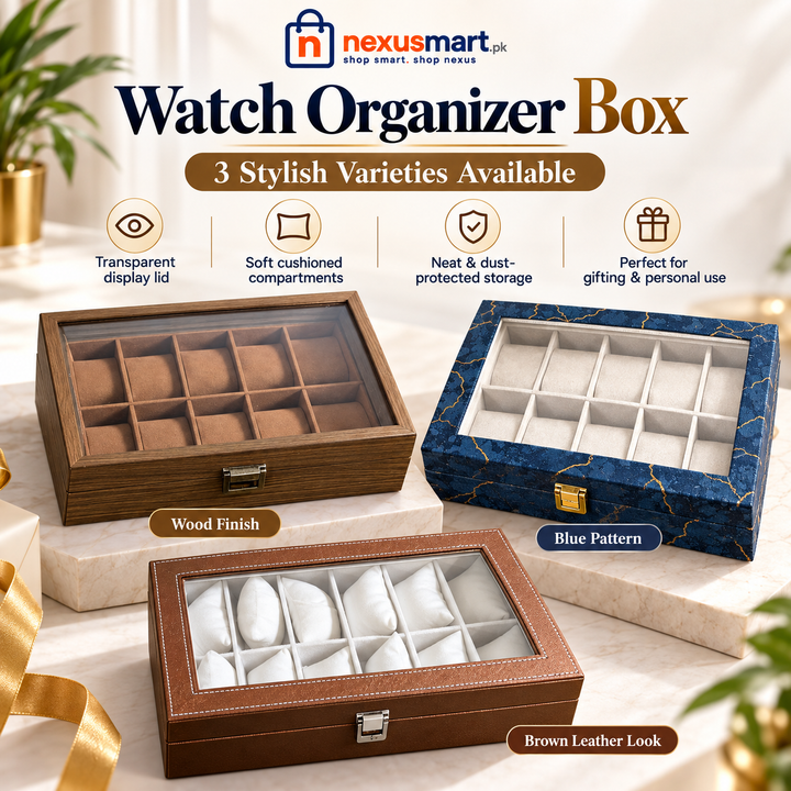 Watch Organizer Box with Transparent Lid – 10 & 12 Slot Variants