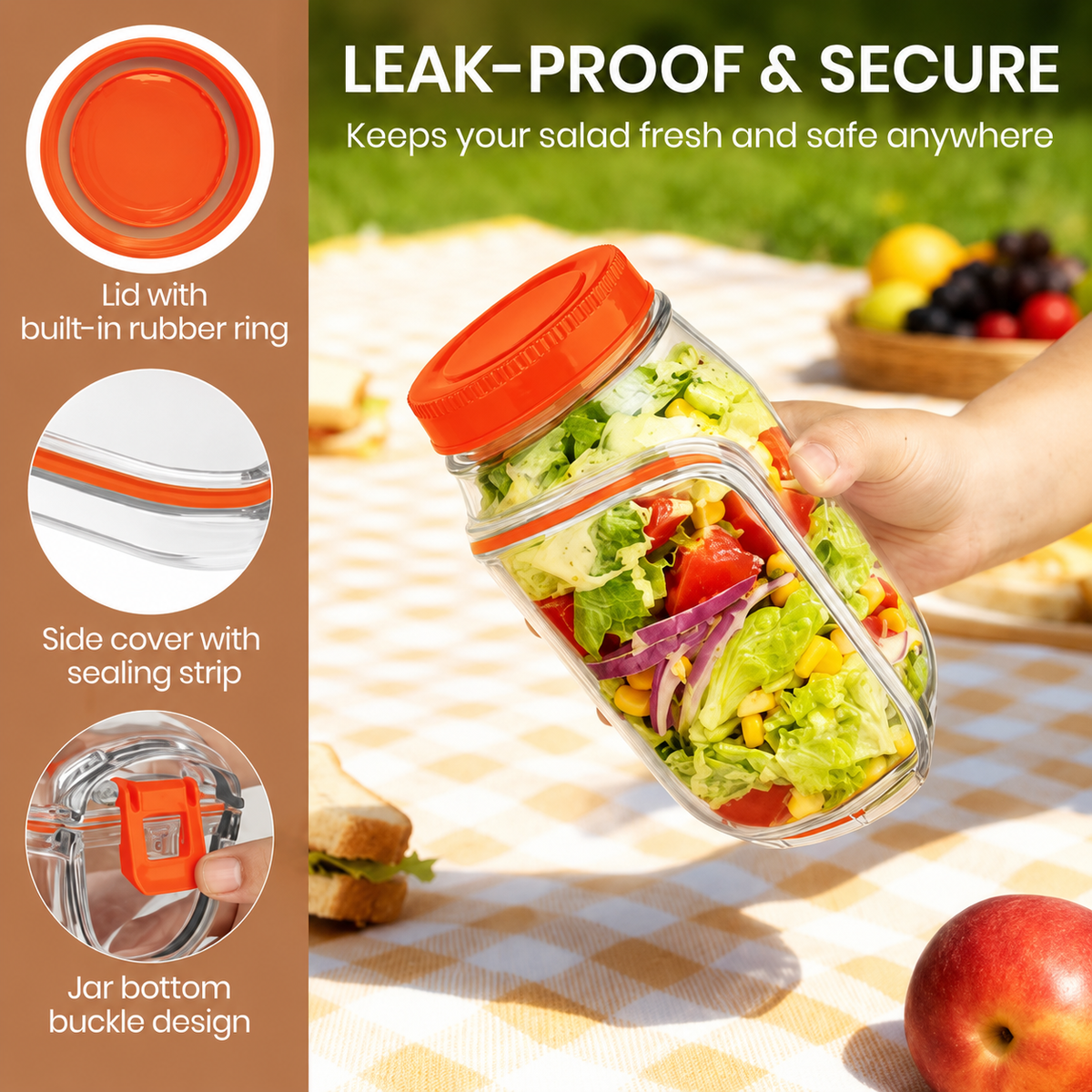 Leak-Proof Acrylic Salad Mason Jar with Dressing Container – Portable Meal Prep Jar