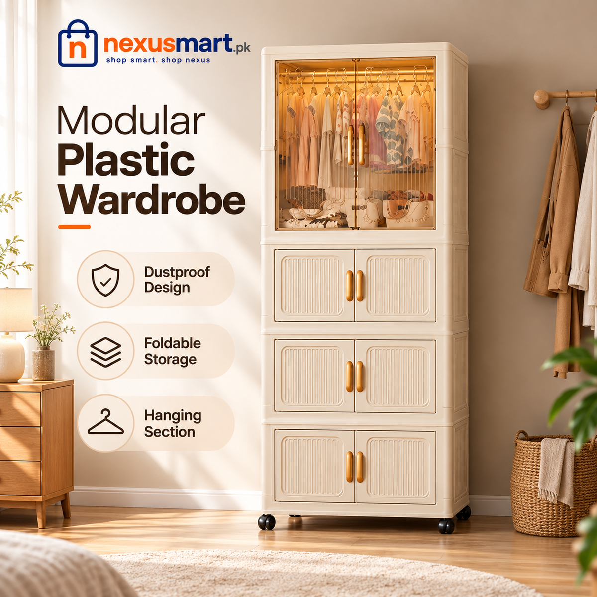 Modular Plastic Wardrobe with Hanging Section & Dustproof Storage