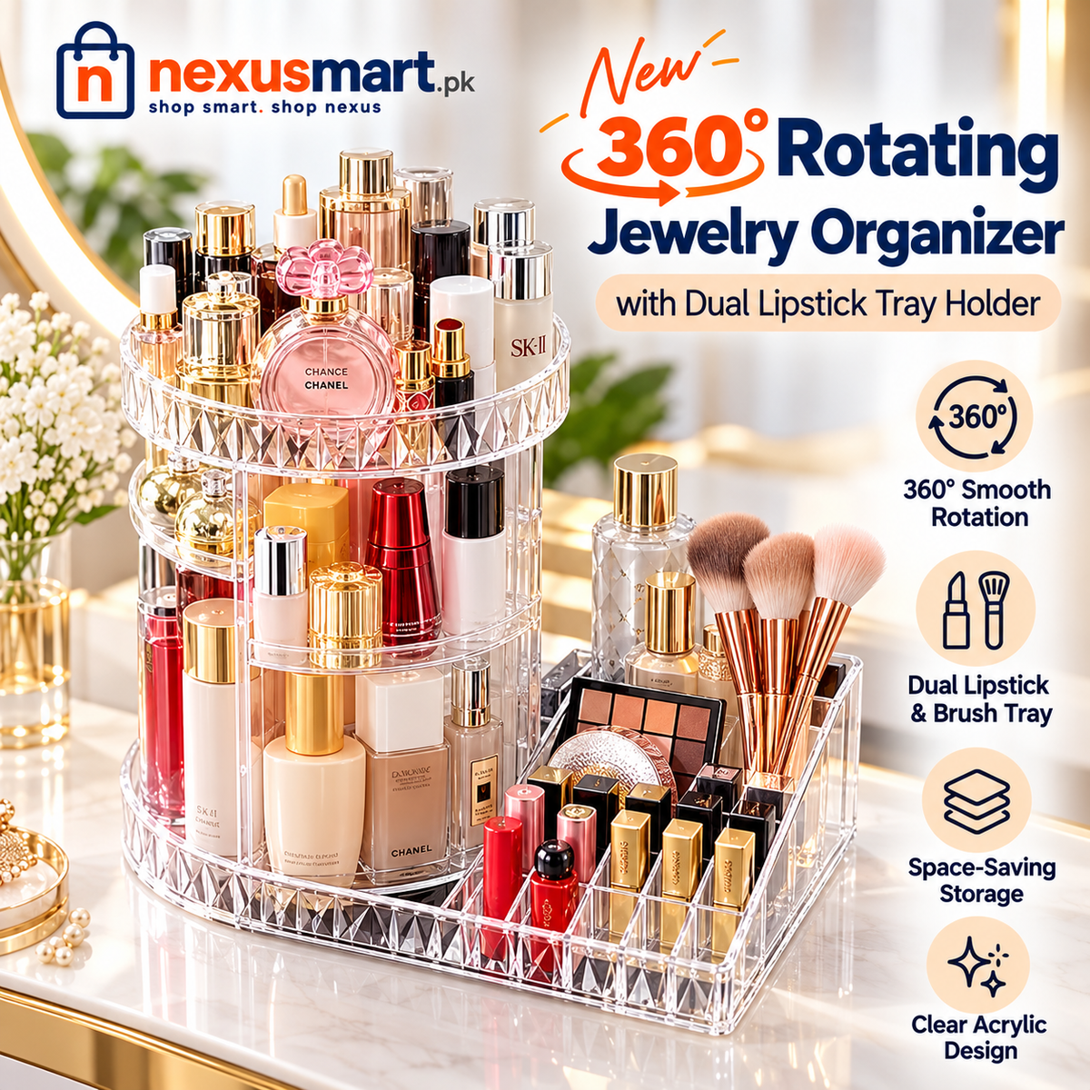 360° Rotating Jewelry Organizer with Dual Lipstick Tray Holder