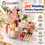 360° Rotating Jewelry Organizer with Dual Lipstick Tray Holder