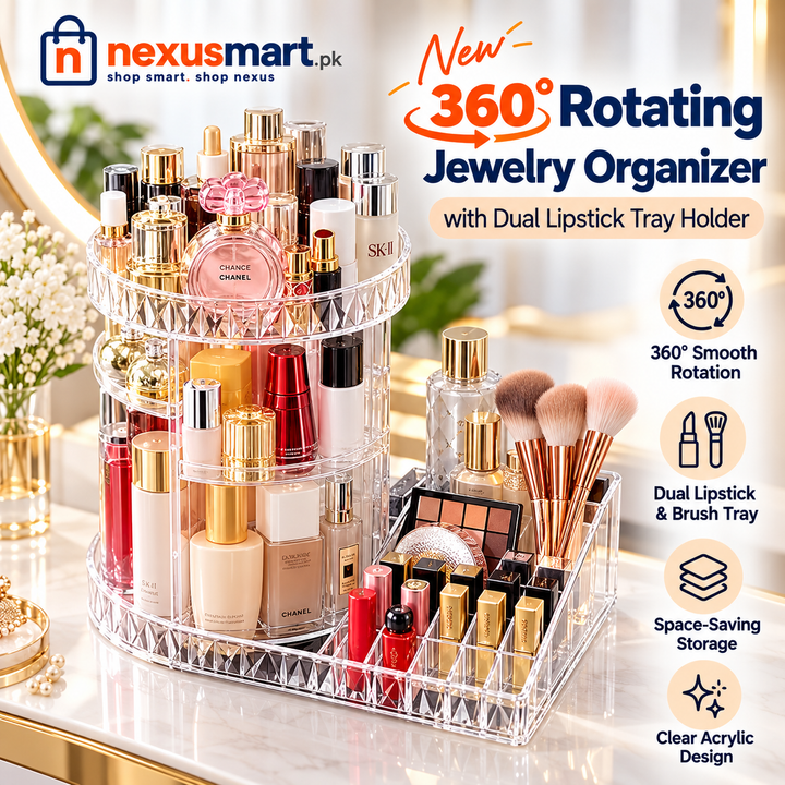 360° Rotating Jewelry Organizer with Dual Lipstick Tray Holder