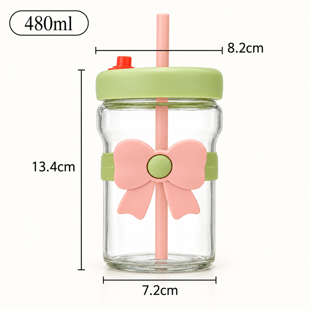 Bow Glass Cup with Straw & Lid – 480ml Cute Drinking Cup