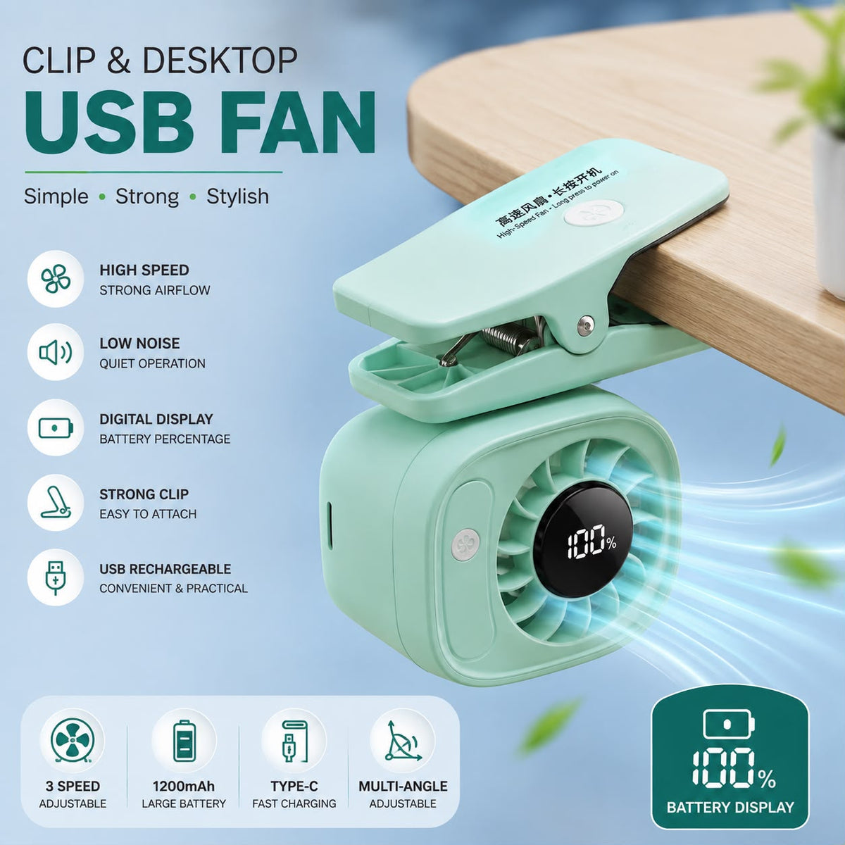 2-in-1 Clip & Desktop Portable Turbo Fan – Digital Personal Fan
