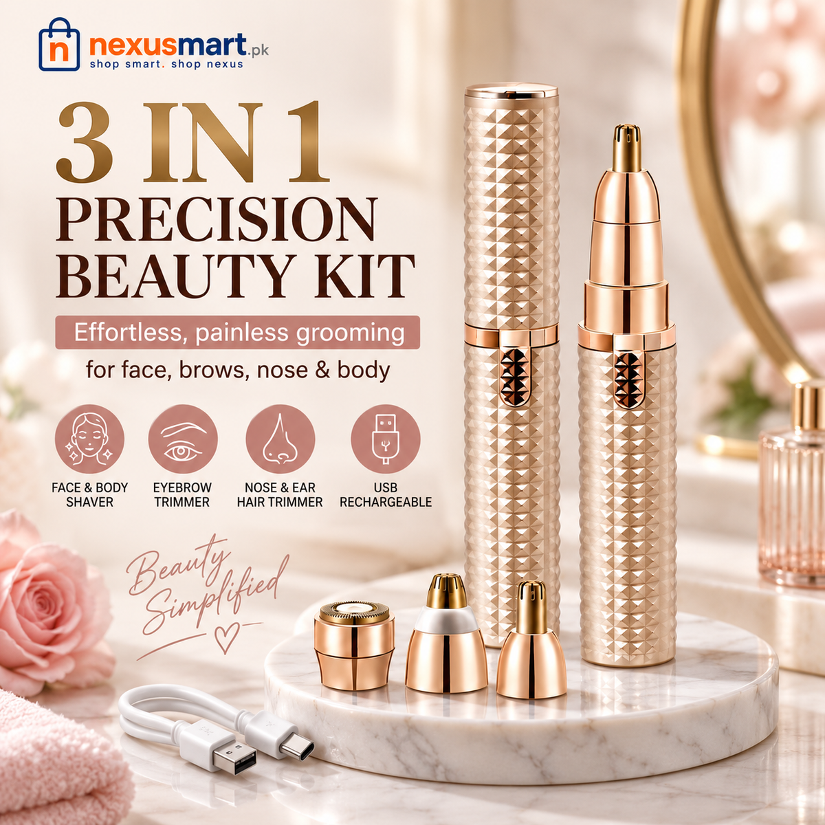 3-in-1 Golden Rechargeable Hair Remover – Facial & Body Grooming Kit