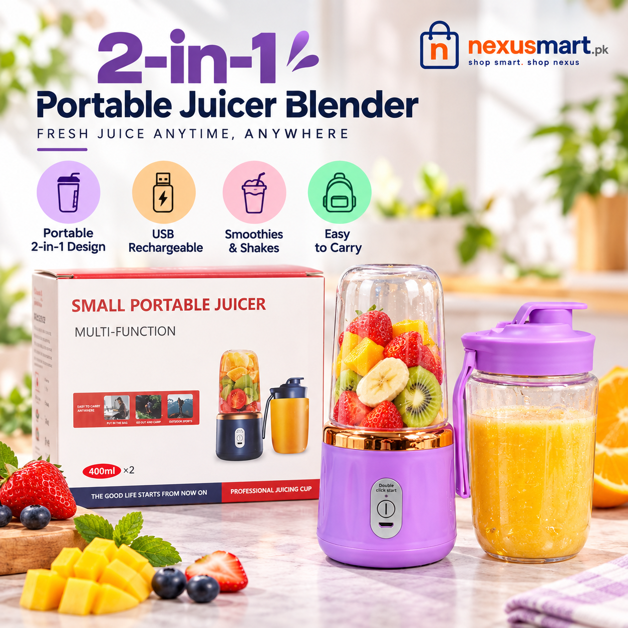 2-in-1 USB Rechargeable Portable Juicer Blender for Smoothies & Shakes
