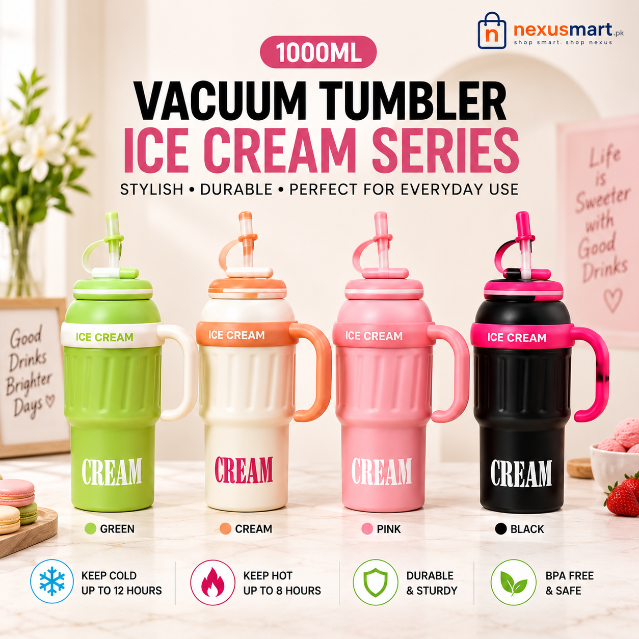 1000ml Ice Cream Design Vacuum Tumbler – Large Reusable Drink Cup