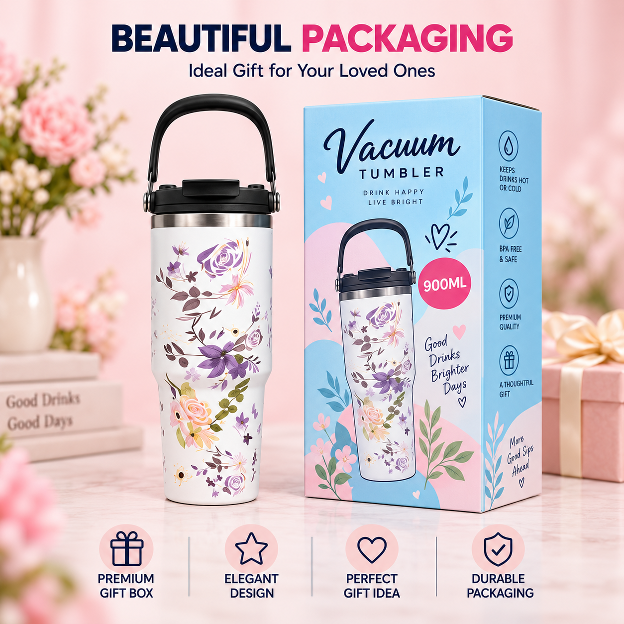 900ml Bow Design Tumbler – Cute Large Capacity Drink Cup