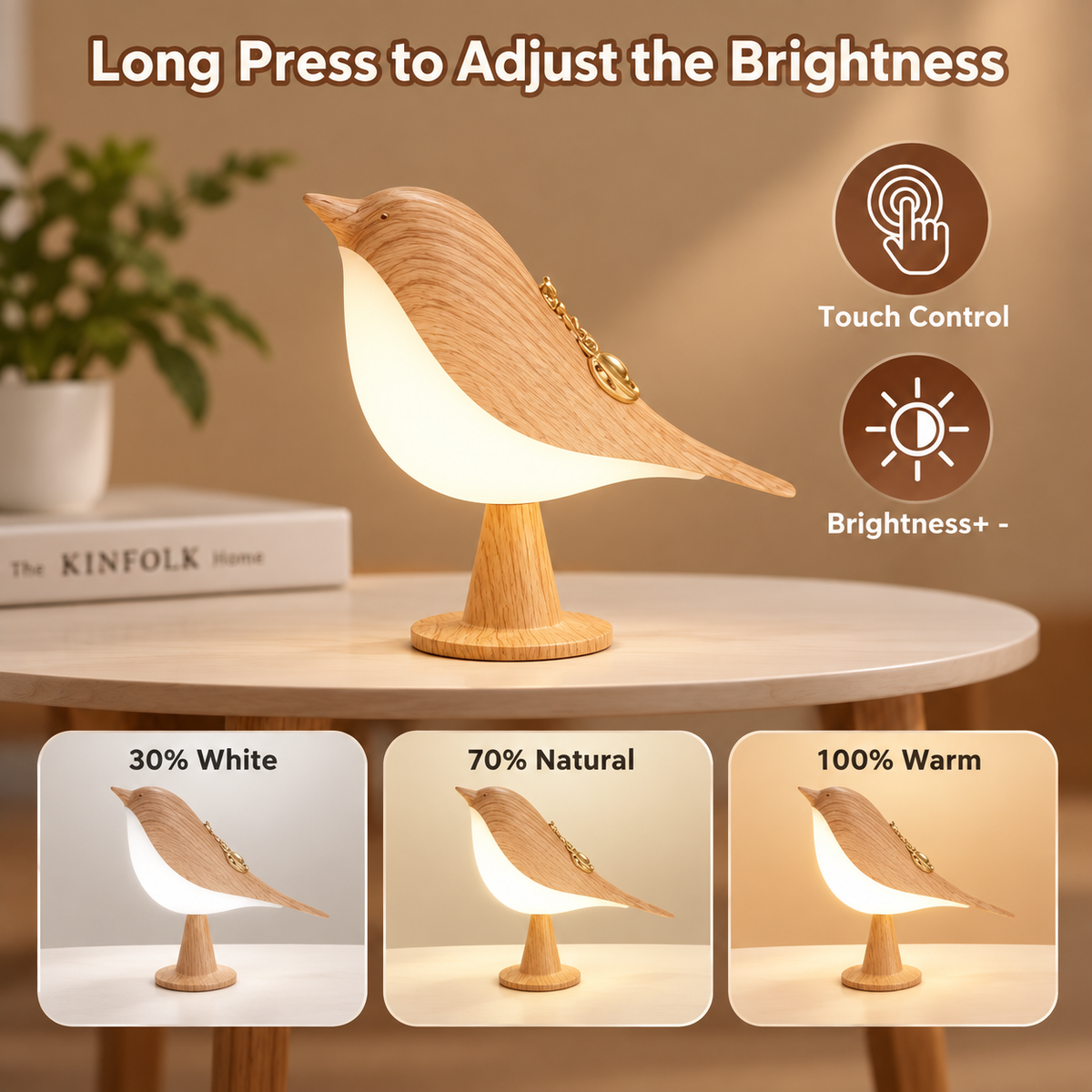 Touch LED Bird Lamp – Wooden Rechargeable Desktop Night Light