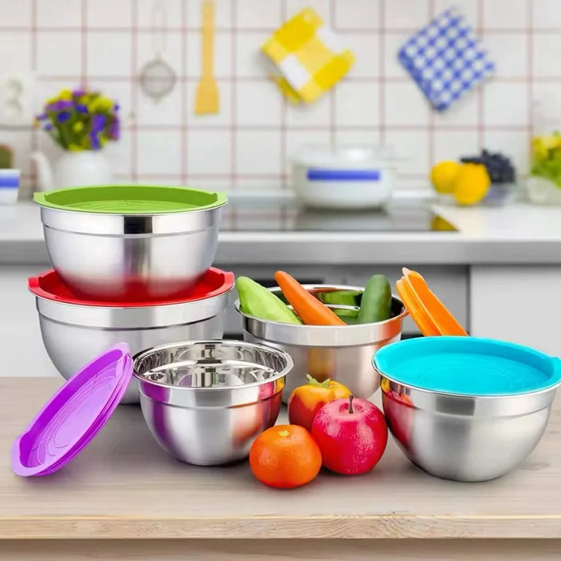5-Piece Stainless Steel Mixing Bowl Set with Colorful Lids