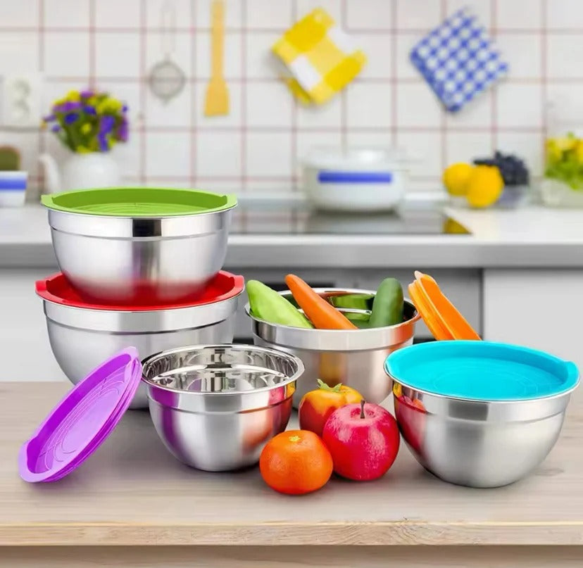 5-Piece Stainless Steel Mixing Bowl Set with Colorful Lids
