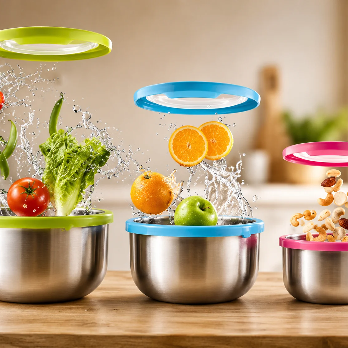 5-Piece Stainless Steel Mixing Bowl Set with Colorful Lids