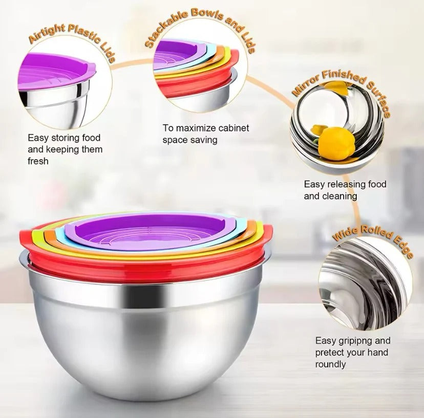 5-Piece Stainless Steel Mixing Bowl Set with Colorful Lids