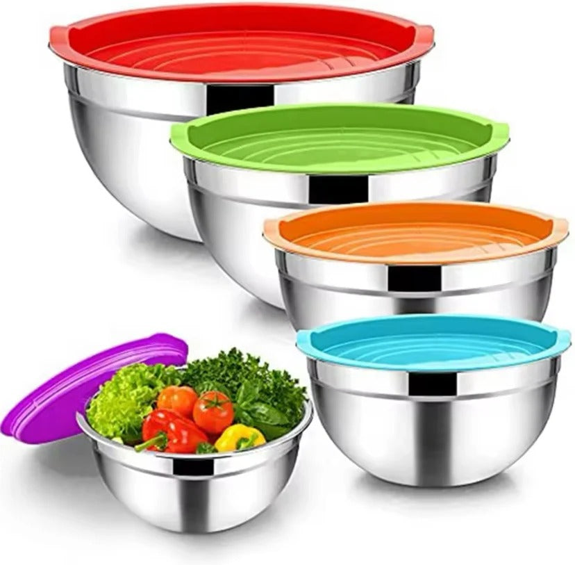 5-Piece Stainless Steel Mixing Bowl Set with Colorful Lids