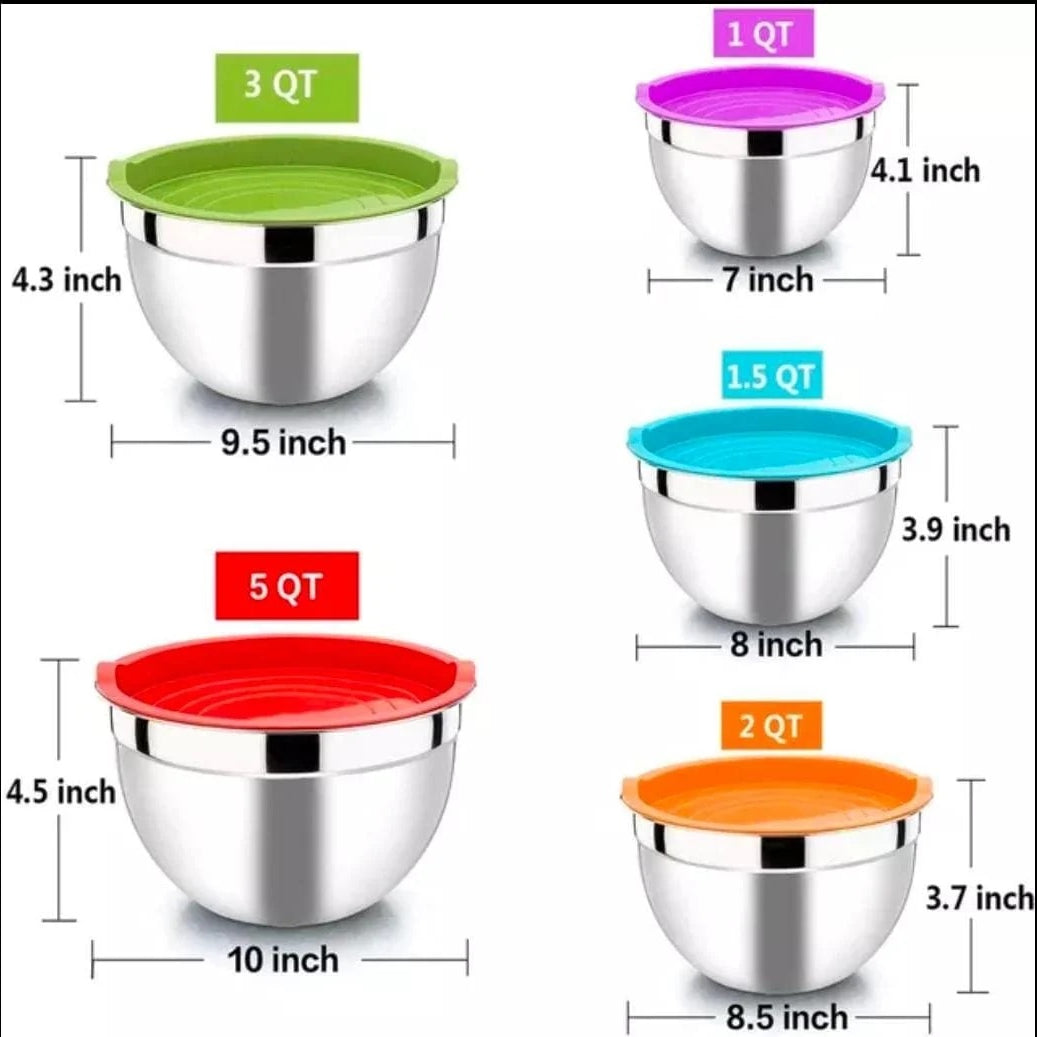 5-Piece Stainless Steel Mixing Bowl Set with Colorful Lids