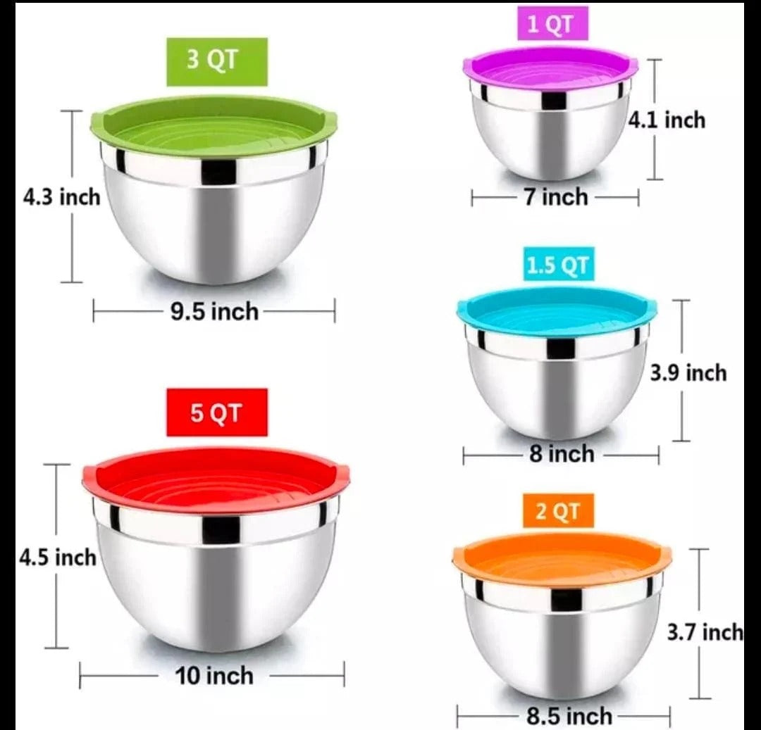 5-Piece Stainless Steel Mixing Bowl Set with Colorful Lids