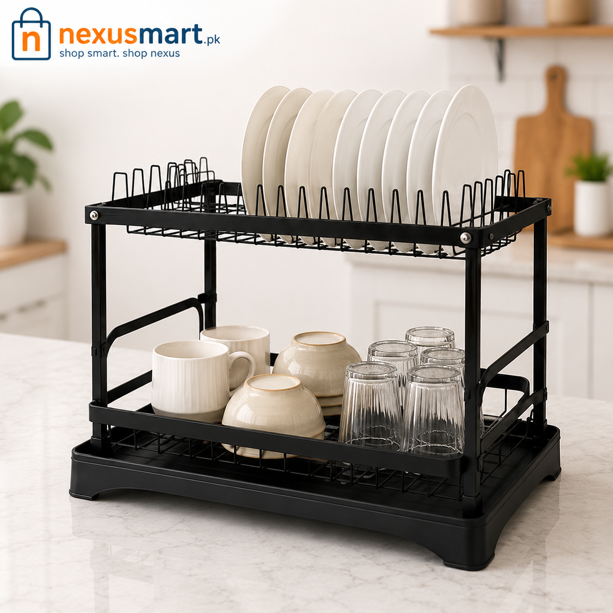2-Tier Dish Drying Rack with Drain Tray – 42cm Kitchen Organizer