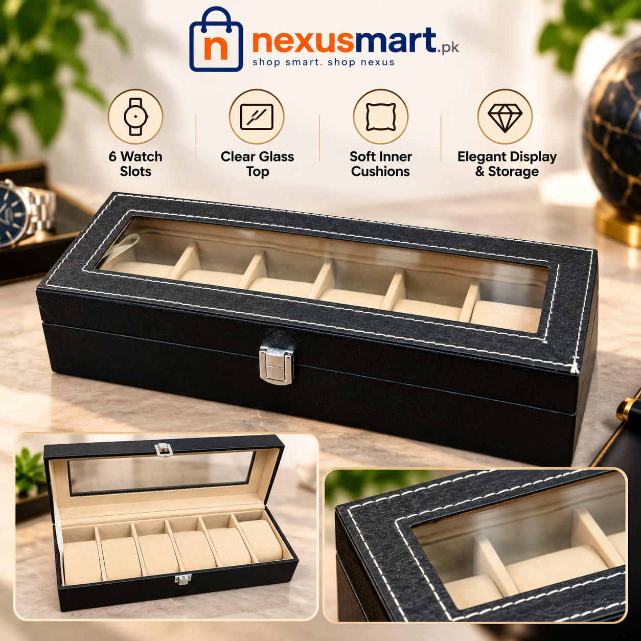 6-Slot Watch Organizer Box for Watch Storage & Display