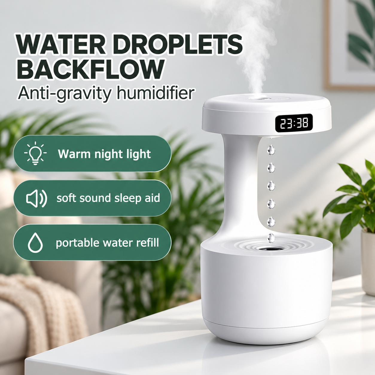 Anti-Gravity Humidifier with Water Droplet Effect, Night Light & Digital Display