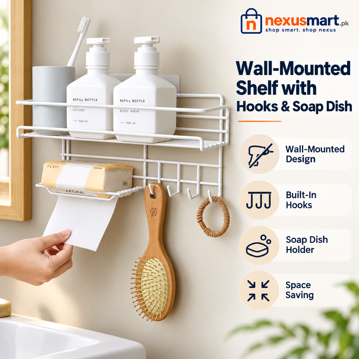 Wall-Mounted Shelf with Hooks & Soap Dish – Bathroom Organizer