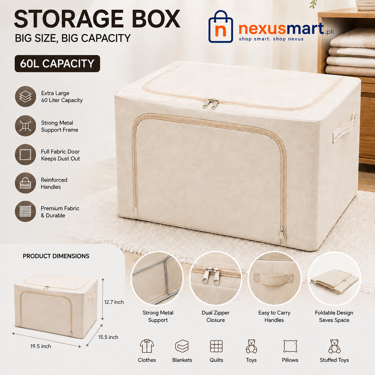 60L Large Cloth Storage Box with Metal Support Frame – Foldable Organizer