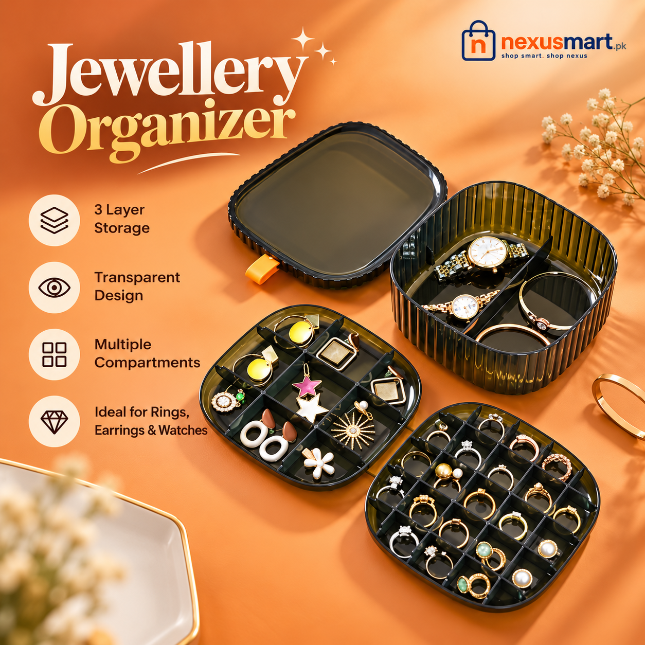 3-Layer Transparent Acrylic Jewellery Organizer – Square Storage Box