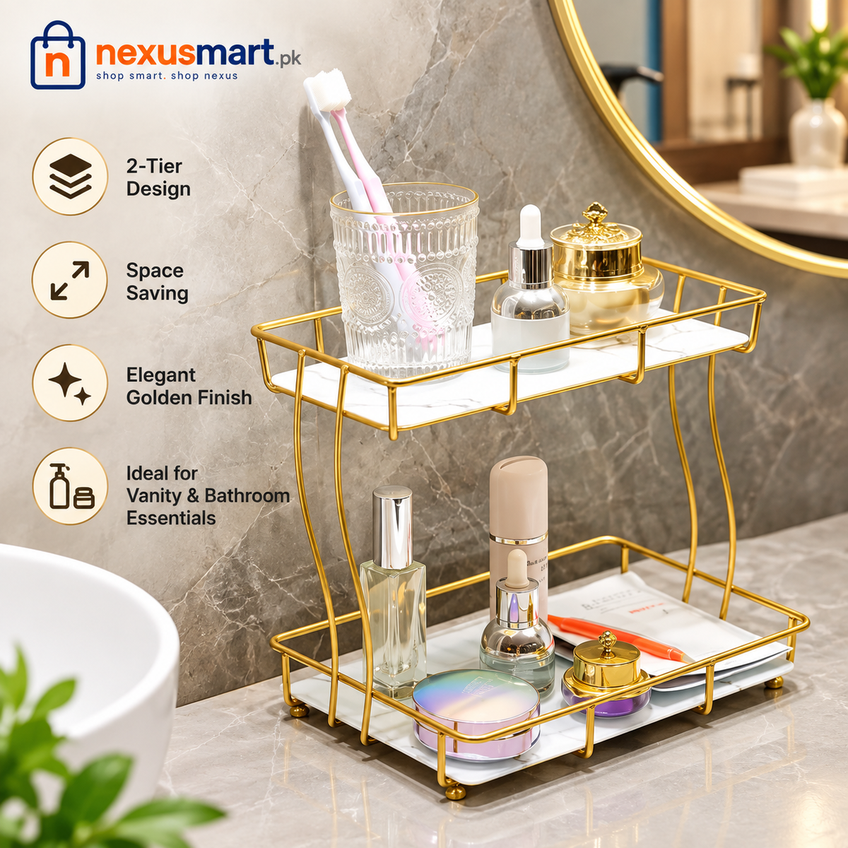 2-Tier Rectangular Golden Vanity Stand – Makeup & Cosmetic Organizer