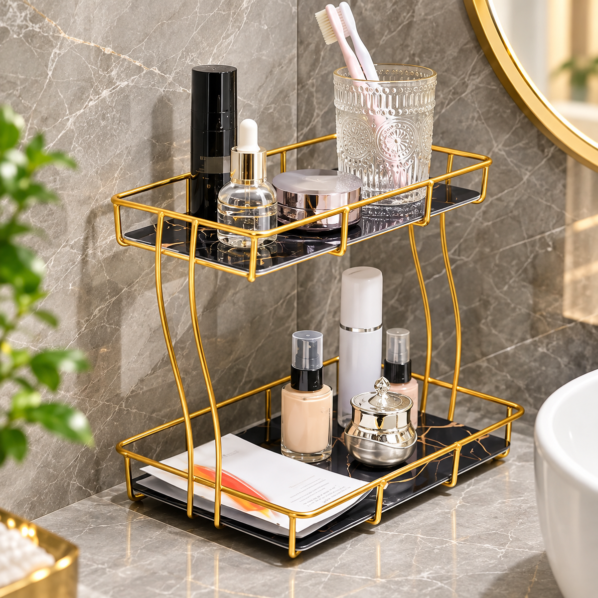 2-Tier Rectangular Golden Vanity Stand – Makeup & Cosmetic Organizer