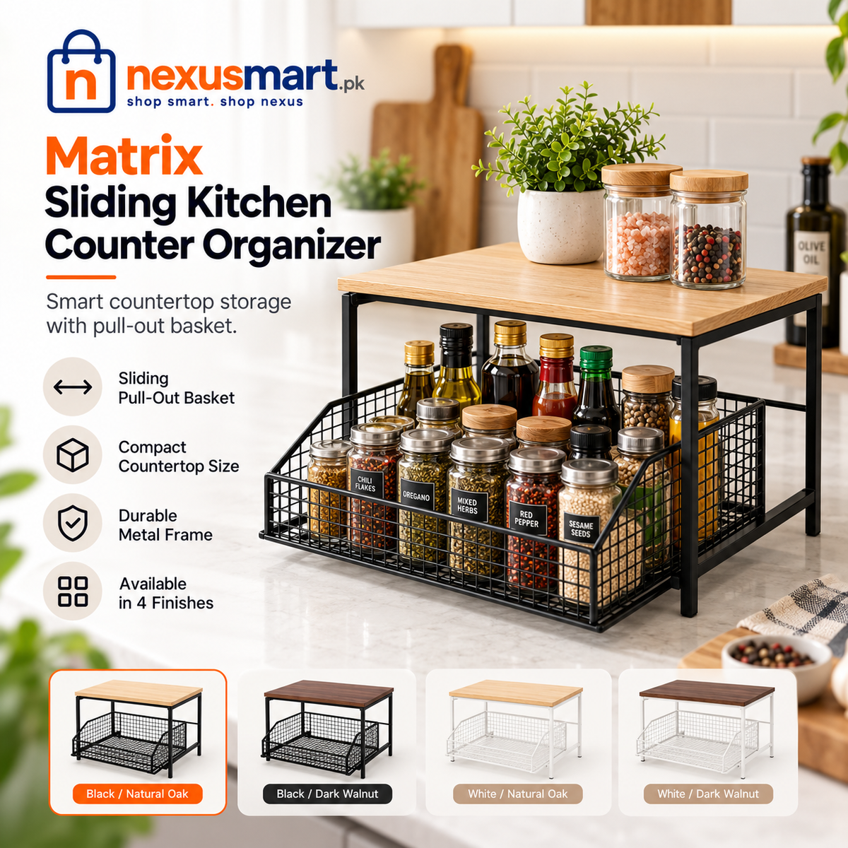 Matrix Sliding Kitchen Counter Organizer – Pull-Out Countertop Storage Rack
