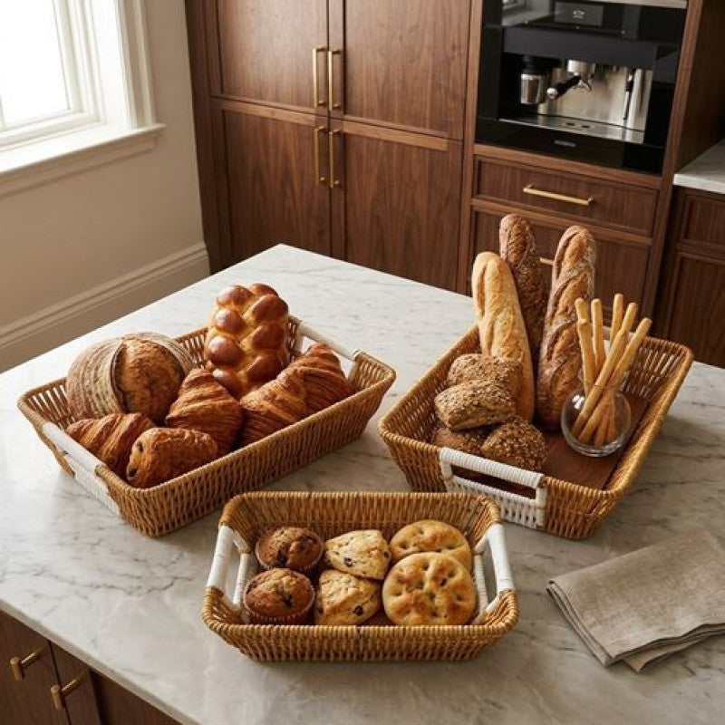 Set Of 3 Rectangular Rattan Basket Non Woven Imitation Bread Basket Fruit Basket