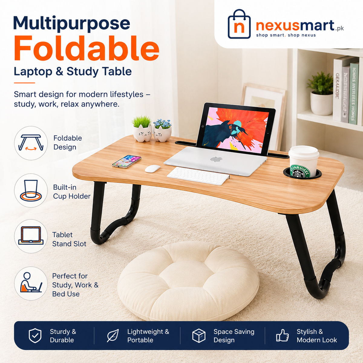 Multipurpose Foldable Laptop & Study Table with Cup Holder and Tablet Stand