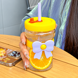 Bow Glass Cup with Straw & Lid – 480ml Cute Drinking Cup