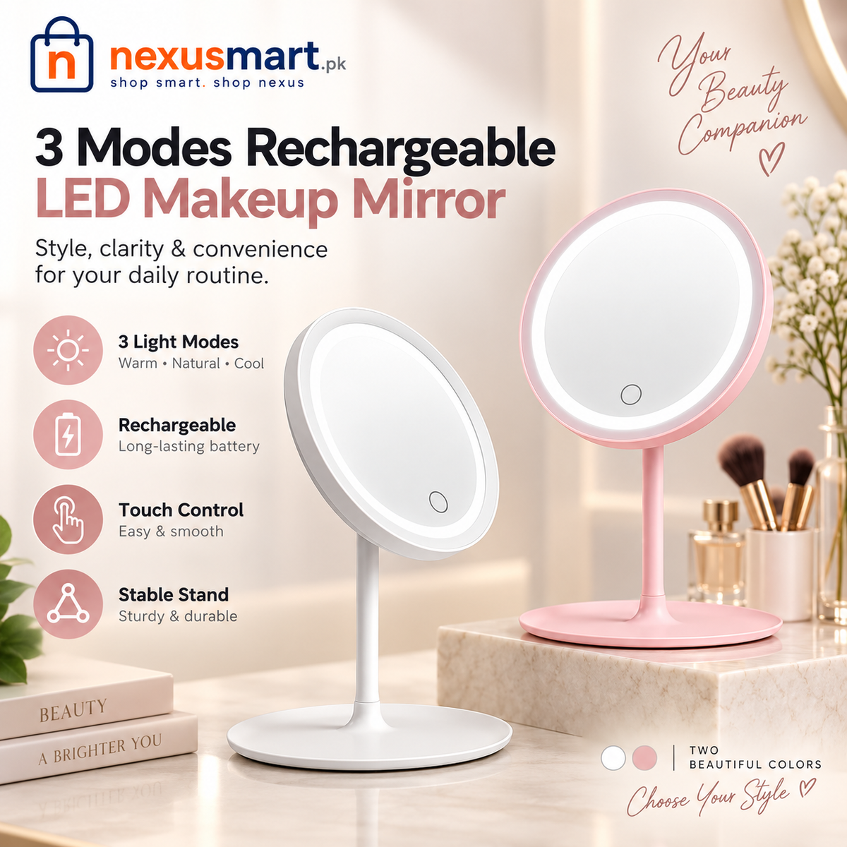 3-Mode Rechargeable LED Makeup Mirror with Stand
