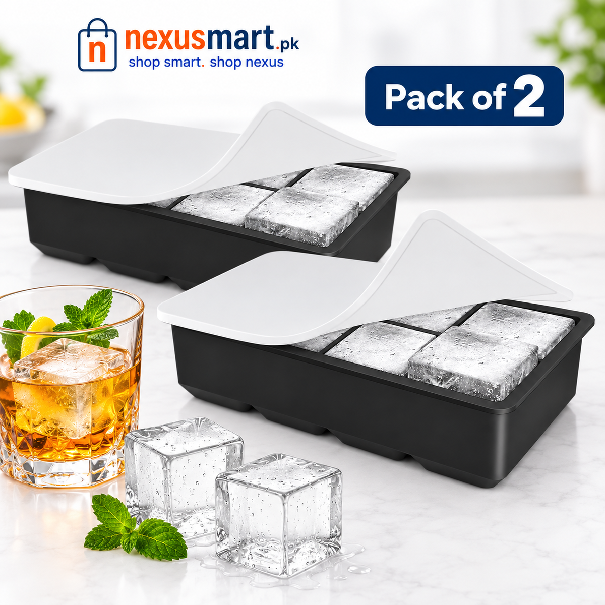 Large 2-Inch Square Silicone Ice Cube Tray with Removable Lid