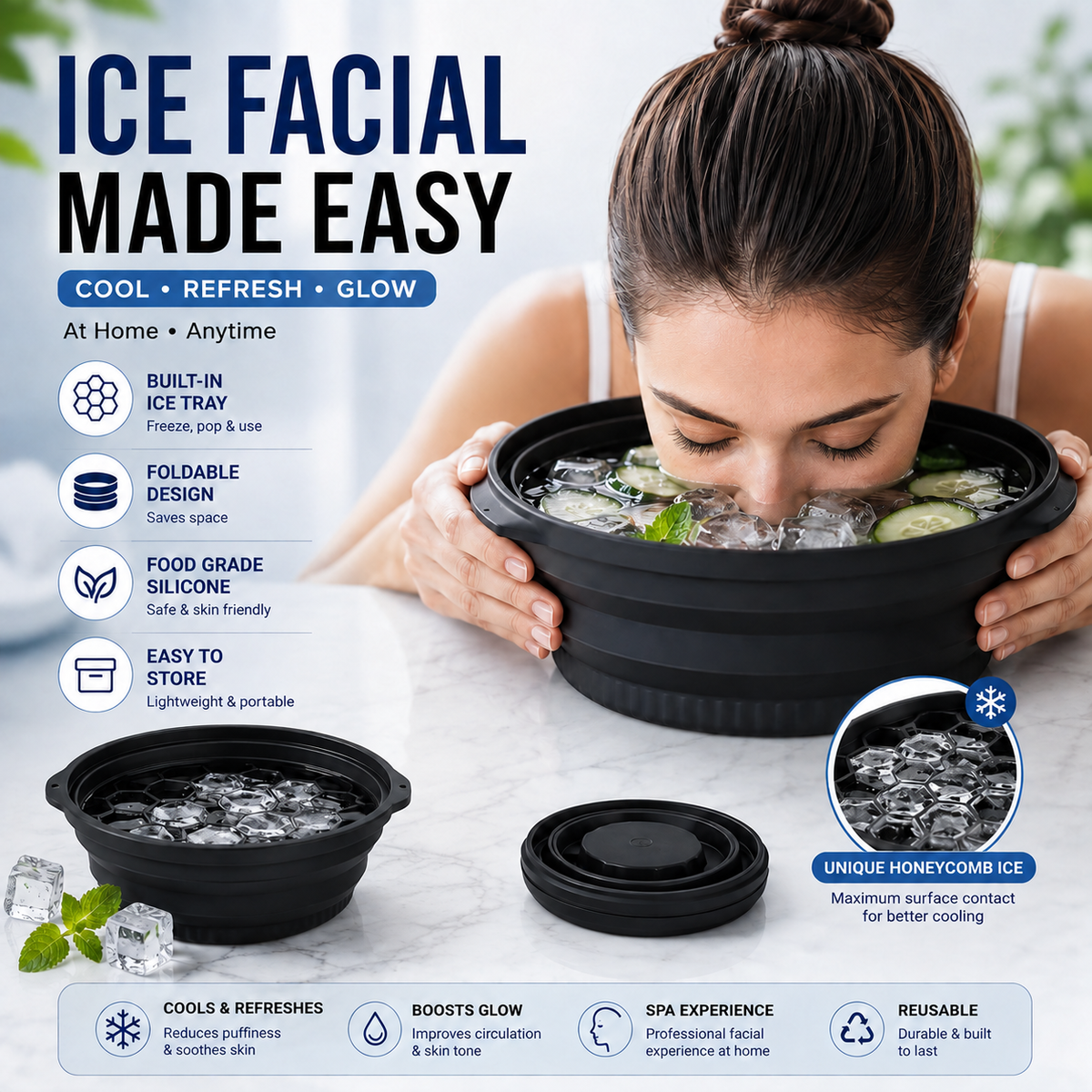 Silicone Facial Ice Bath Bowl with Built-In Ice Tray | Foldable Ice Facial & Cold Therapy Bowl