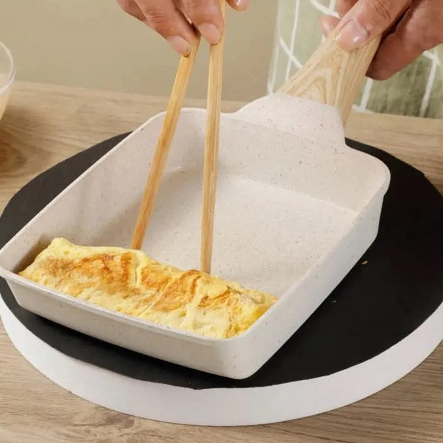 Square Ceramic Non Stick Frying Pan with Wooden Handle | Omelette & Egg Pan