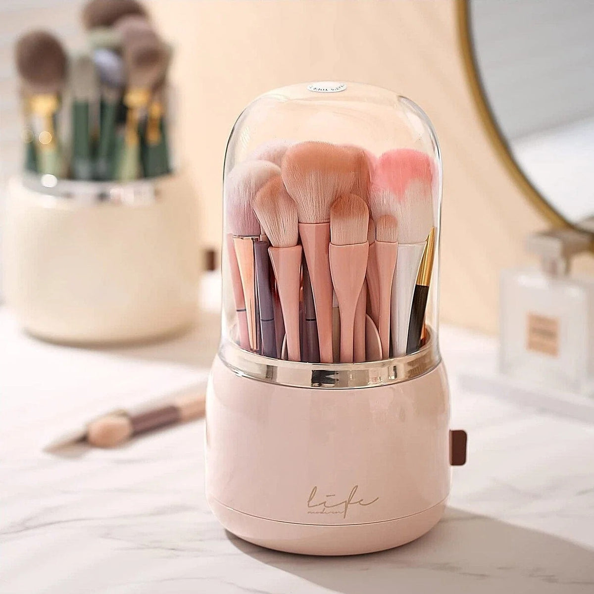 Fancy 360° Rotating Makeup Brush Holder with Lid – Dust-Free Vanity Organizer