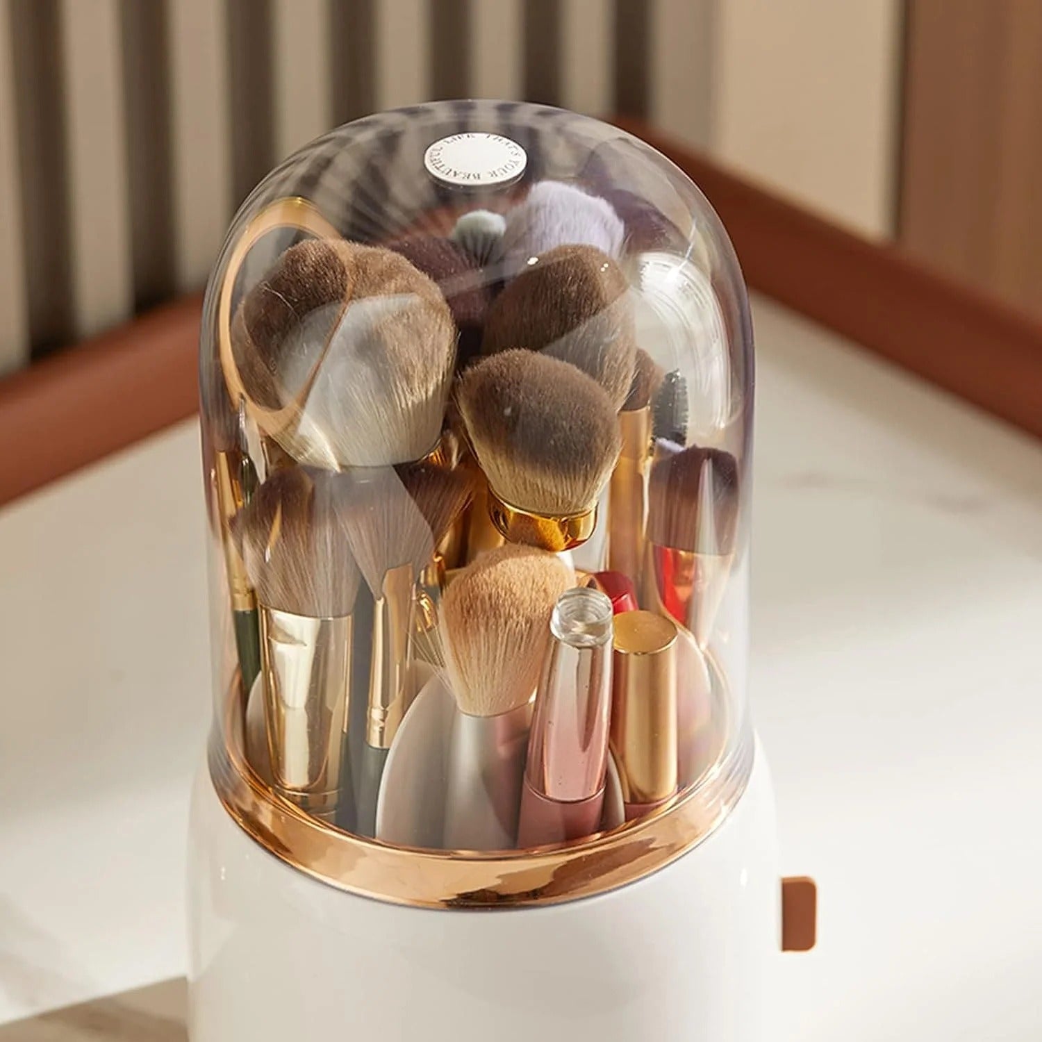 Fancy 360° Rotating Makeup Brush Holder with Lid – Dust-Free Vanity Organizer