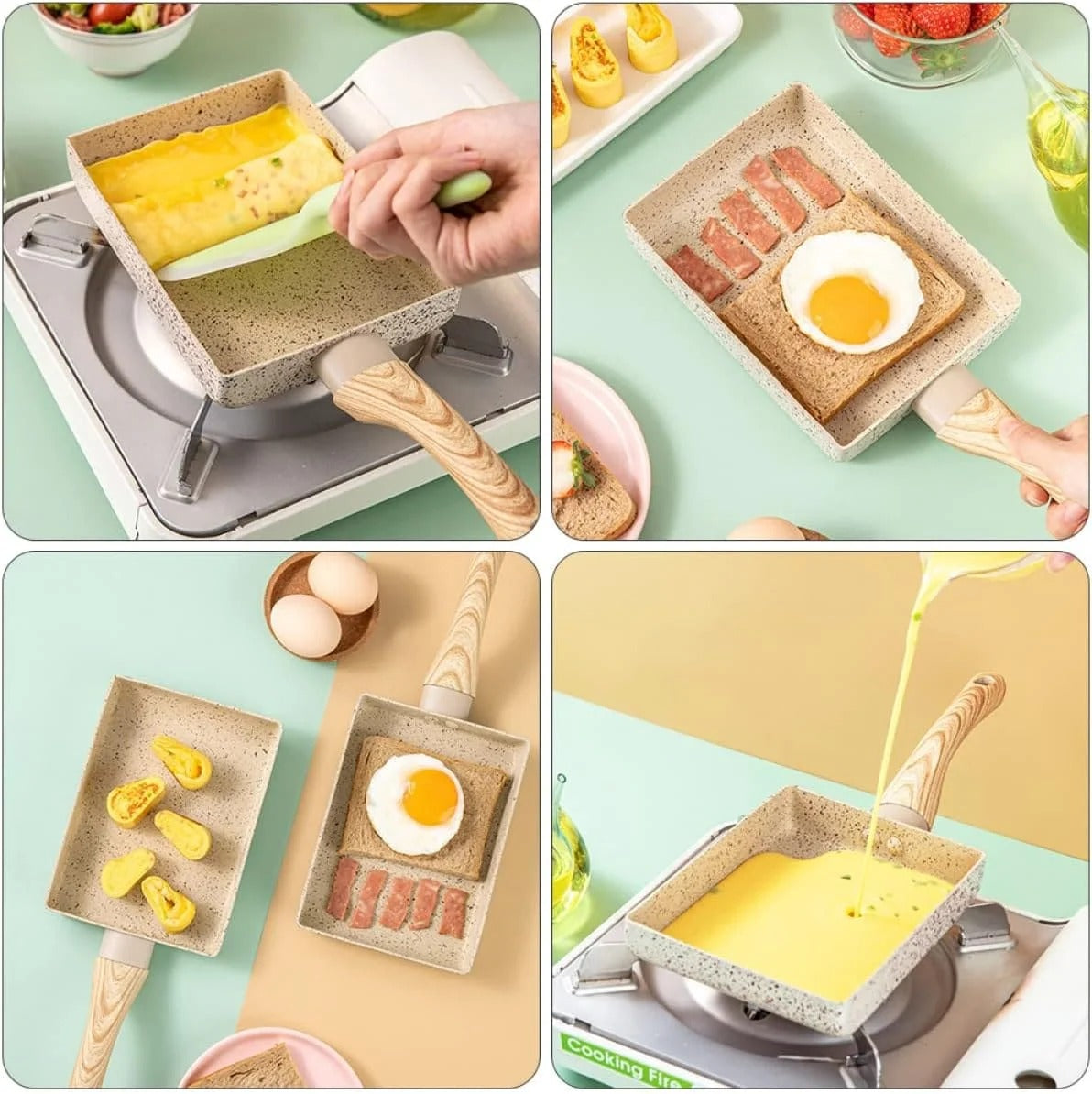 Square Ceramic Non Stick Frying Pan with Wooden Handle | Omelette & Egg Pan