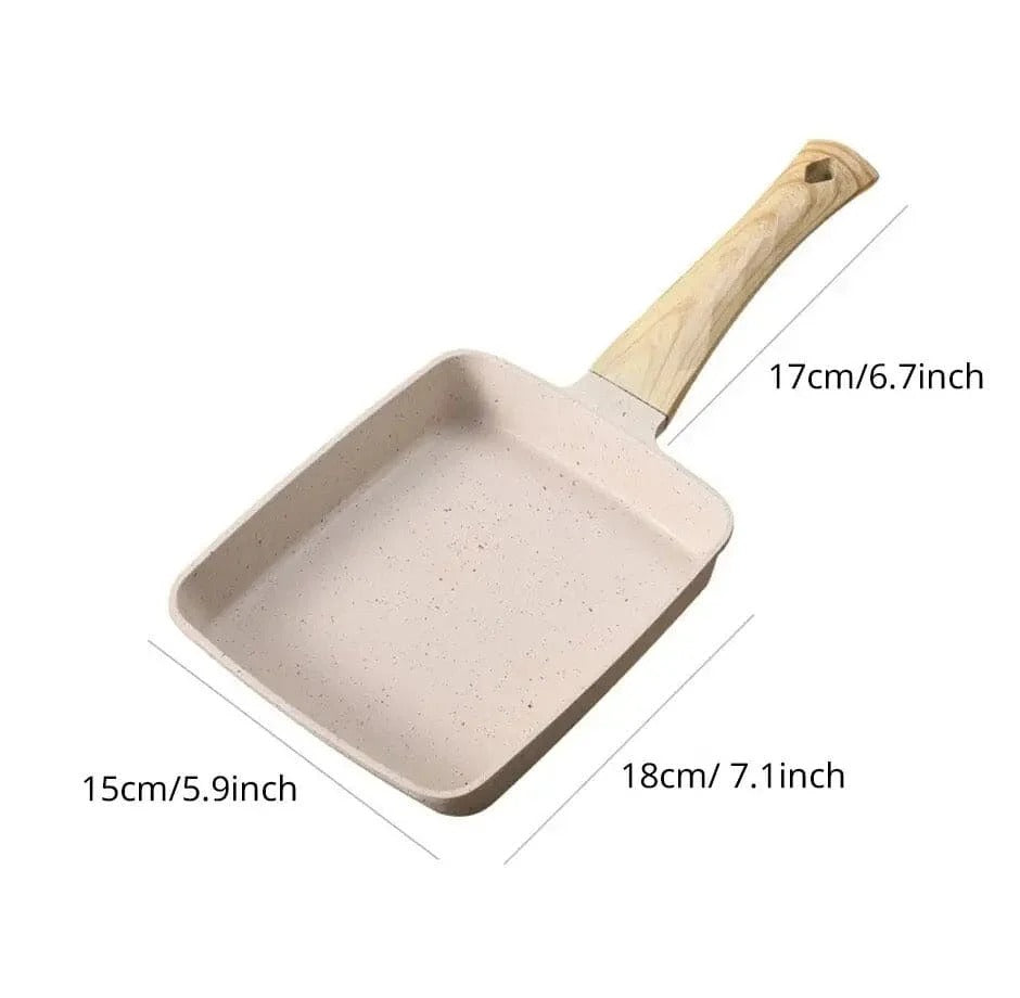 Square Ceramic Non Stick Frying Pan with Wooden Handle | Omelette & Egg Pan
