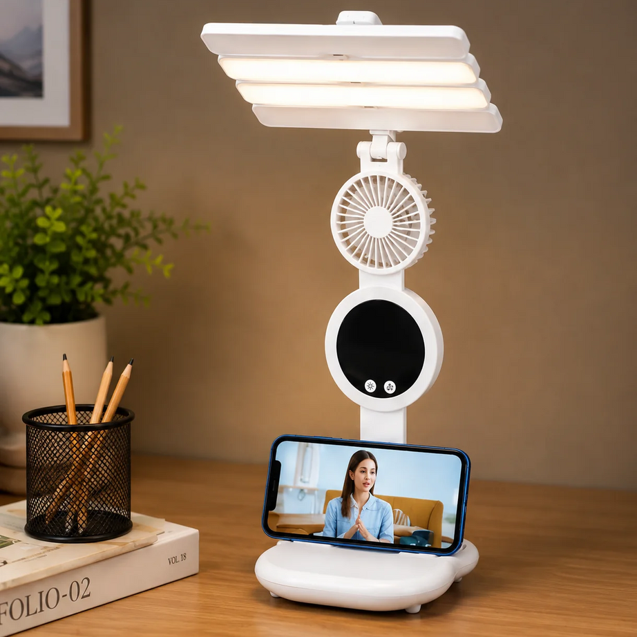 3 in 1 Rechargeable LED Desk Lamp with Fan & Phone Holder