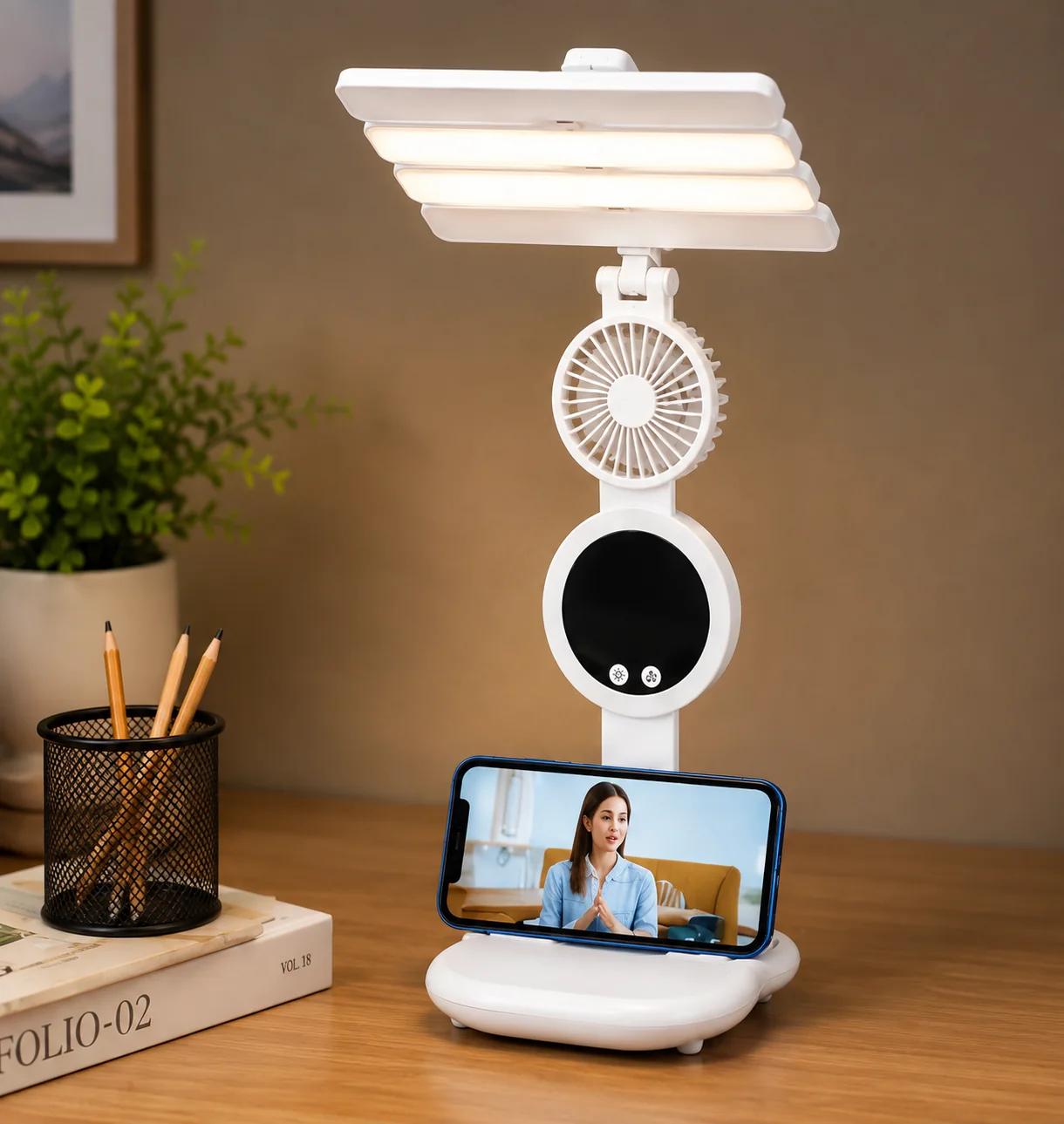 3 in 1 Rechargeable LED Desk Lamp with Fan & Phone Holder