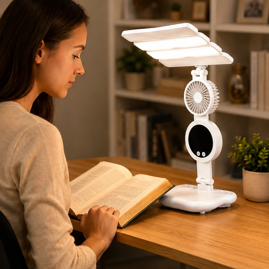 3 in 1 Rechargeable LED Desk Lamp with Fan & Phone Holder